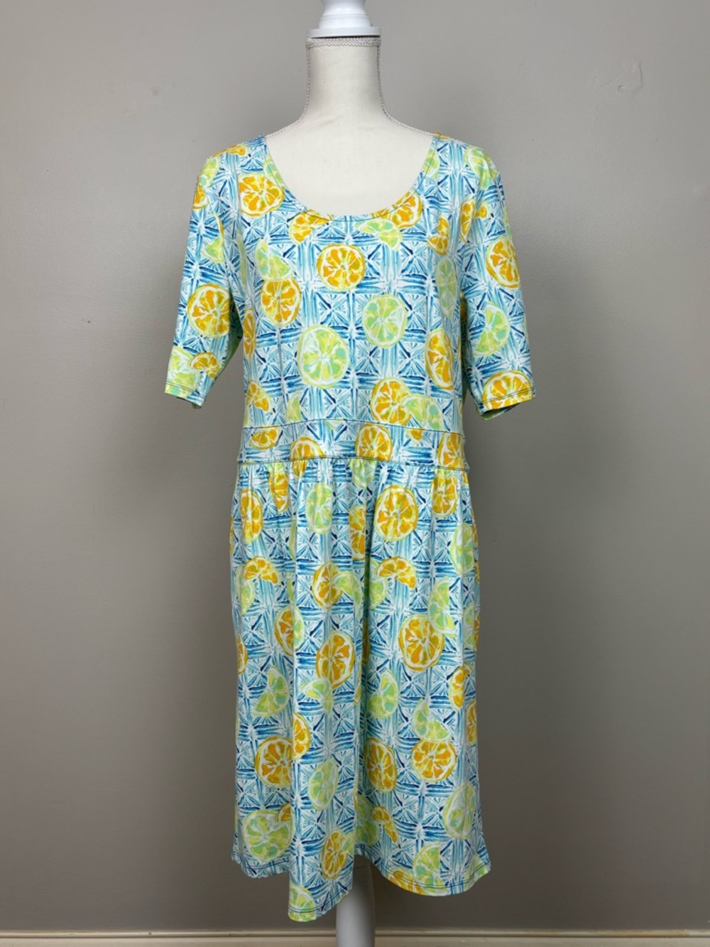 Lands End Dress Womens Lg Blue Multi Lemon Print Half Sleeve Midi Pockets